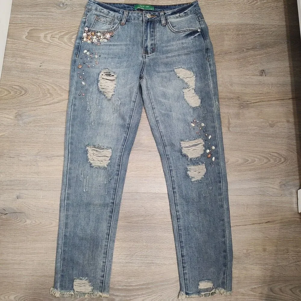 Signature Eight Women's‎ Jeans Sz Small Blue Denim Distressed Embellished TWEE